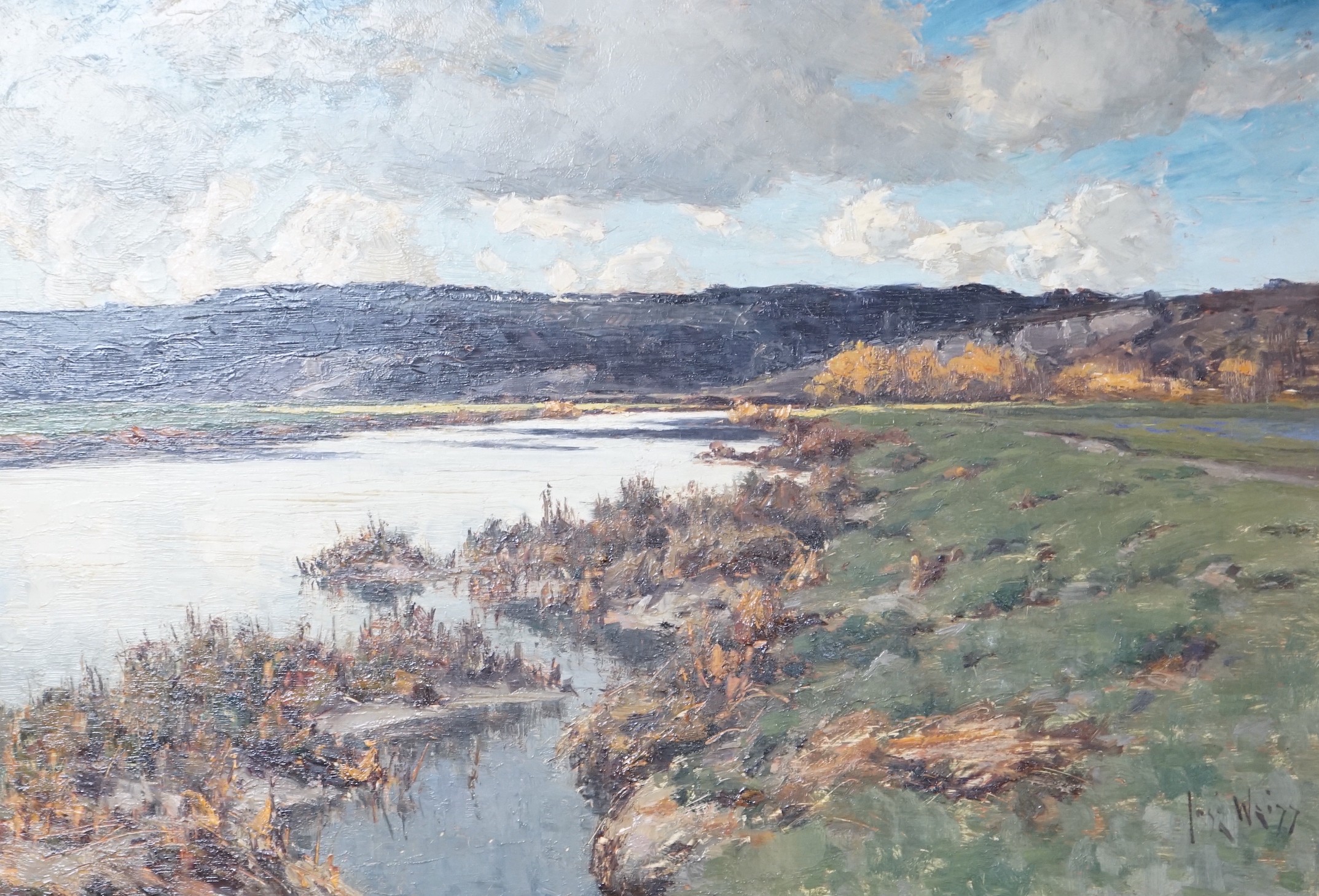 José Weiss (1859-1919), oil on wooden panel, River landscape, signed, 32 x 46cm